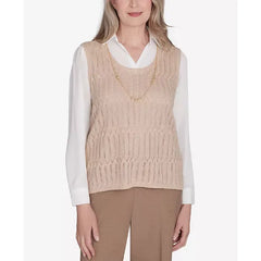 Alfred Dunner Women's Emerald Isle Two in One Textured Vest Top with a Detachable Necklace, Cashew , Size L