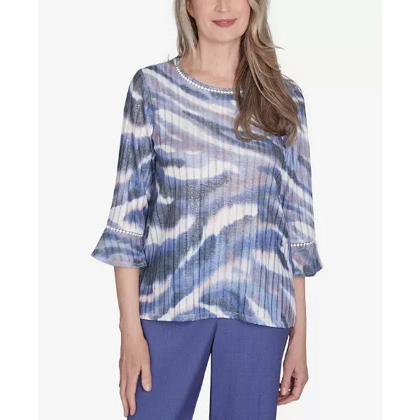 Alfred Dunner Women's Worth Avenue Watercolor Top with Three Quarter Bell Sleeves, Multi Purple , Size XL