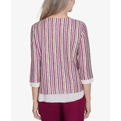 Alfred Dunner Women's Wine Country Metallic Stripe Top with a Detachable Necklace, Multi Red