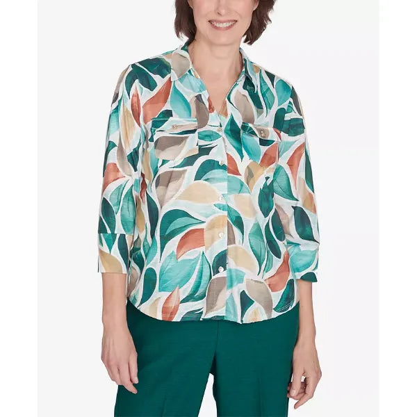 Alfred Dunner Women's Emerald Isle Abstract Leaf Top with Bell Sleeves, Neutral Multi , Size Small