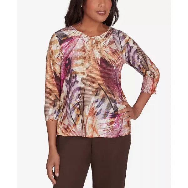 Alfred Dunner Women's Wine Country Feathers Lace Detailed Crew Neck Top, Multi Red