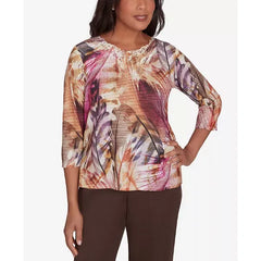 Alfred Dunner Women's Wine Country Feathers Lace Detailed Crew Neck Top, Multi Red