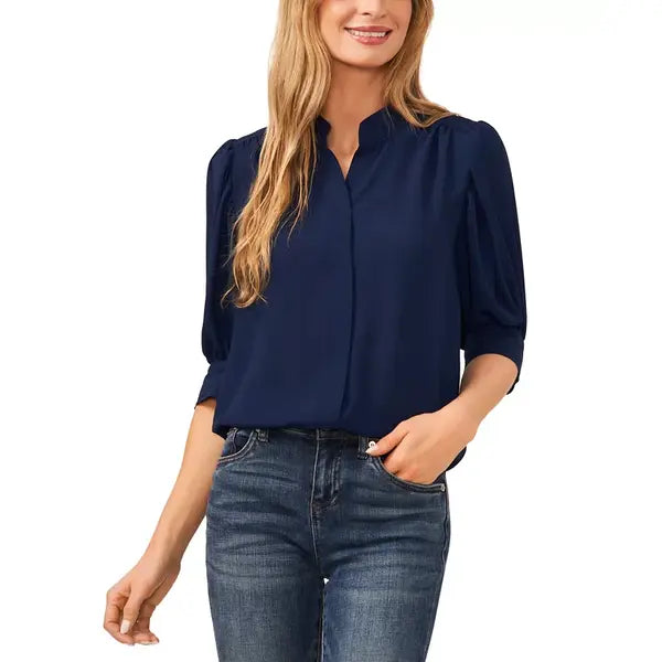 Macy's Women's 3/4-Sleeve Collared Button Down Blouse-Classic navy