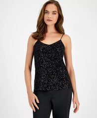 Macy's Women's V-Neck Sleeveless Sequin Top-Black