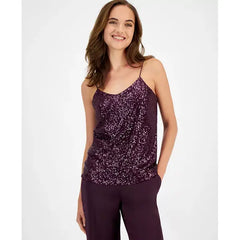 Macy's Women's V-Neck Sleeveless Sequin Top-Deep plum