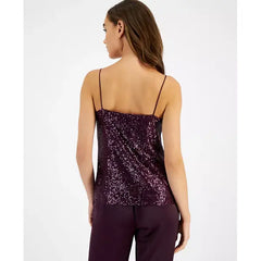 Macy's Women's V-Neck Sleeveless Sequin Top-Deep plum