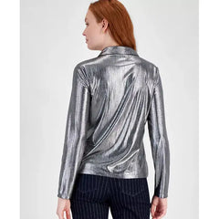 Macy's Women's Metallic Long-Sleeve Button-Up Shirt-BLK/gunmet