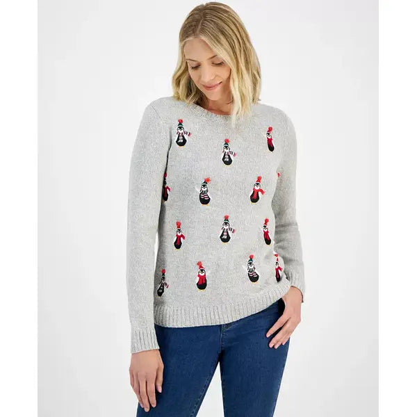 Petite Fuzzy Penguins Crewneck Sweater, Created for Macy's-Marled Sleep Grey