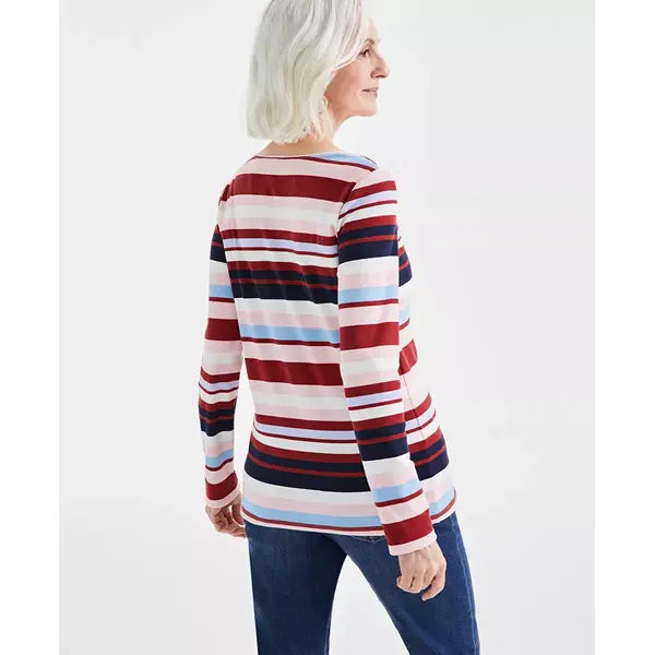 Women's Striped Long Sleeve Scoop-Neck Top, Created for Macy's-Stripe rose