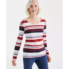 Women's Striped Long Sleeve Scoop-Neck Top, Created for Macy's-Stripe rose