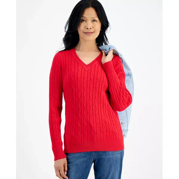 Women's Cotton Cable-Knit V-Neck Sweater, Created for Macy's-Tango red