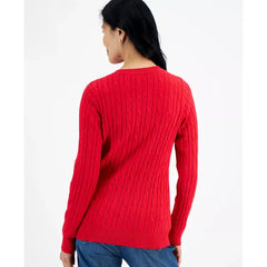 Women's Cotton Cable-Knit V-Neck Sweater, Created for Macy's-Tango red