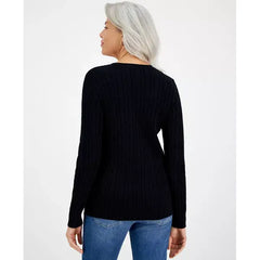 Women's Cotton Cable-Knit V-Neck Sweater, Created for Macy's-Deep black