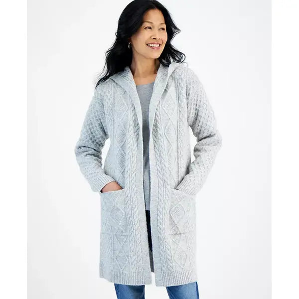 Women's Chunky Cable-Knit Hoodie Cardigan, Created for Macy's-Grey Heather