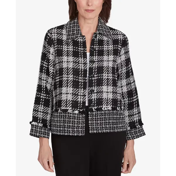 Alfred Dunner Women's Runway Ready Spliced Plaid Boucle Jacket, Black/White Metallic