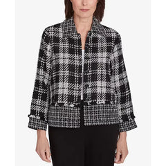 Alfred Dunner Women's Runway Ready Spliced Plaid Boucle Jacket, Black/White Metallic