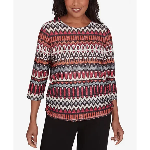 Alfred Dunner Runway Ready Women's Geometric Crew Neck Top With Side Ruching, Multi Red, Size Small