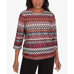 Alfred Dunner Runway Ready Women's Geometric Crew Neck Top With Side Ruching, Multi Red, Size Small