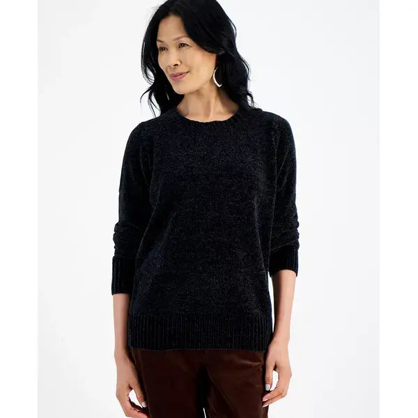 Women's Crewneck Chenille Long-Sleeve Sweater, Created for Macy's-Deep black