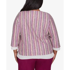 Alfred Dunner Plus Size Wine Country Metallic Stripe Top With Necklace, Multi Red
