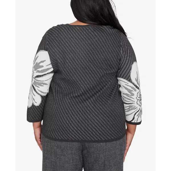 Alfred Dunner Plus Size Worth Avenue Bold Floral Textured Sweater, Charcoal