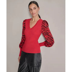 Women's V-Neck Rib-Knit Satin-Long-Sleeve Macy's-Red light/s