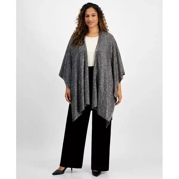 Plus Size Sequined Knit Open-Front Cape, Created for Macy's-Dark heather