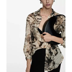 Macy's Women's Semi-Transparent Printed Shirt-Ecru
