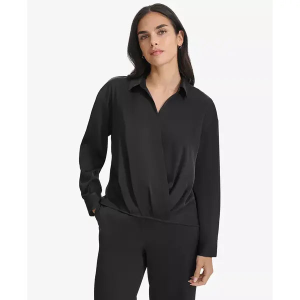 Macy's Women's Faux-Wrap Collared Shirt-Black