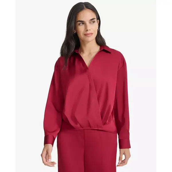 Macy's Women's Faux-Wrap Collared Shirt-Cranberry