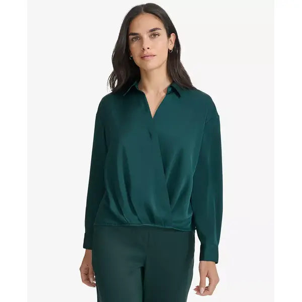 Macy's Women's Faux-Wrap Collared Shirt-Malachite