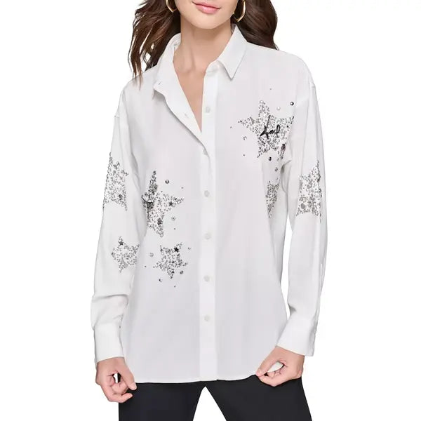 Macy's Petite Stars and Studs Collared Shirt-Soft white
