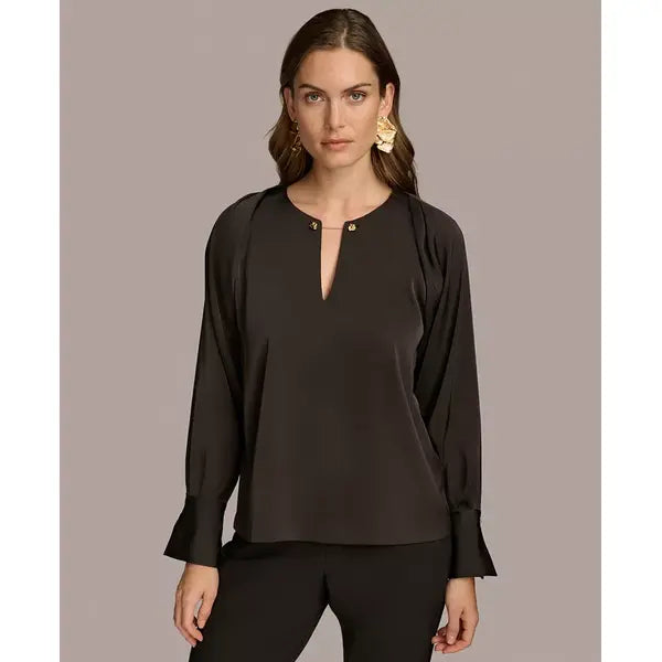 Macy's Women's Chain-Hardware Long-Sleeve Blouse-Black
