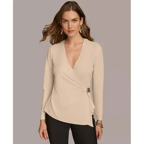 Macy's Women's Long-Sleeve Faux-Wrap Top-Biscotti