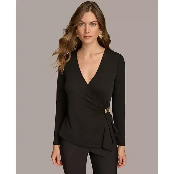 Macy's Women's Long-Sleeve Faux-Wrap Top-Black