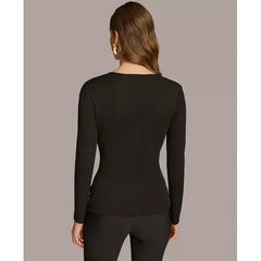 Macy's Women's Long-Sleeve Faux-Wrap Top-Black