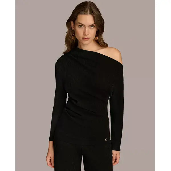 Women's Rib Knit Asymmetric Neck Top, created by Macy's-Black