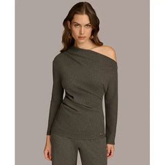 Women's Rib Knit Asymmetric Neck Top, created by Macy's-Iron Grey Heather