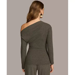 Women's Rib Knit Asymmetric Neck Top, created by Macy's-Iron Grey Heather