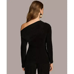Women's Rib Knit Asymmetric Neck Top, created by Macy's-Black