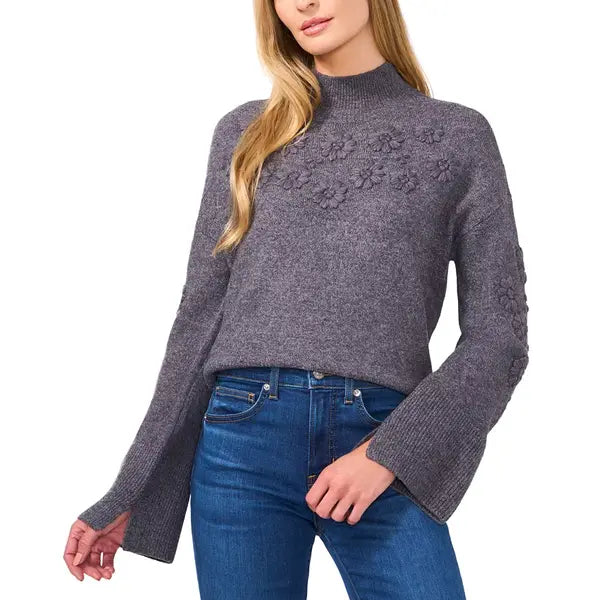 Macy's Women's Floral Embroidered Mock Neck Bell-Sleeve Sweater-Medium heather gray
