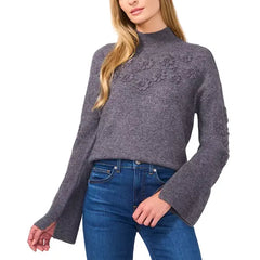 Macy's Women's Floral Embroidered Mock Neck Bell-Sleeve Sweater-Medium heather gray