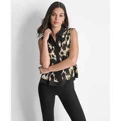 Macy's Women's Printed Sleeveless Button-Front Blouse-Dk Olve Ml