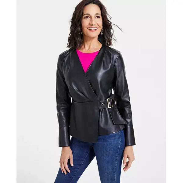 Women's Faux-Leather Long-Sleeve Wrap Top, Created for Macy's-Black