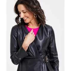 Women's Faux-Leather Long-Sleeve Wrap Top, Created for Macy's-Black