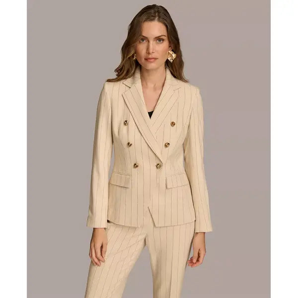 Women's Pinstripe Double Breasted Blazer,Created by Macy's-Biscotti/Black