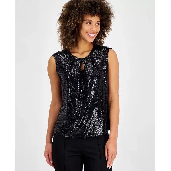 Macy's Women's Mirror-Dot Front-Keyhole Sleeveless Top, Regular and Petite Sizes-Black