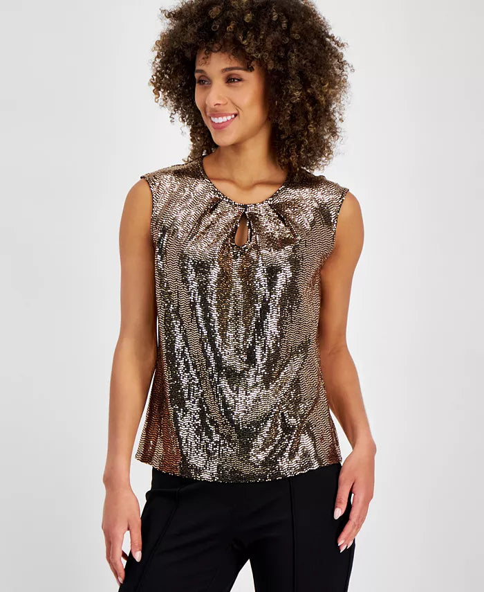 Macy's Women's Mirror-Dot Front-Keyhole Sleeveless Top, Regular and Petite Sizes-Black Gold