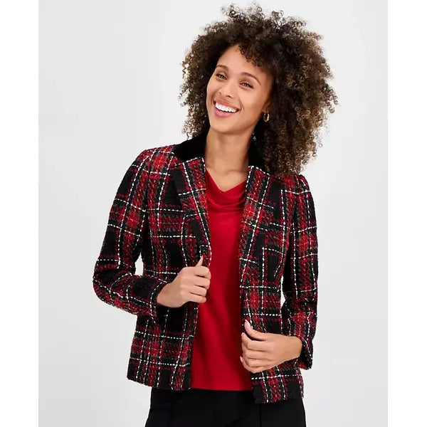 Women's Plaid Tweed Blazer, Regular and Petite Sizes,Created by Macy's-Fire Red Multi