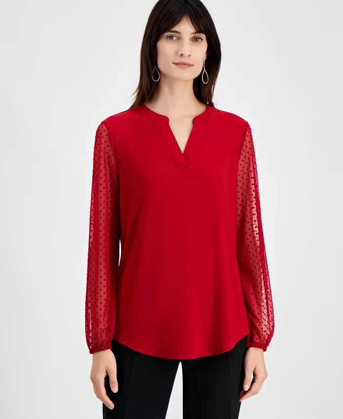 Macy's Women's Sheer-Sleeve Split-Neck Knit Top, Regular and Petite Sizes-Fire red